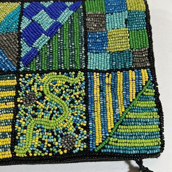 TINTORETTO Women’s Boho Glass Seed Bead Foldover Clutch Black/Blue/Green 6”x 11” - Picture 5 of 15